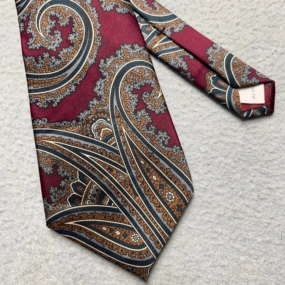 Pierre Cardin Silk Tie Burgundy Gold Grey‎ Navy Large Paisley Pattern shiny